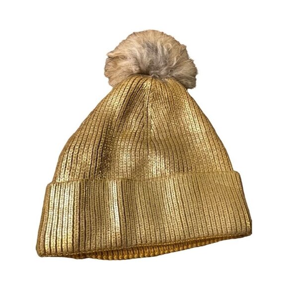 Women Hat Metallic Gold Knit Fur Pom Beanie Winter Cuffed Cap Fall Stretch 80s - Picture 1 of 6